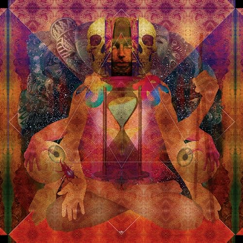 Surreal album cover featuring a figure with an hourglass and eyes.