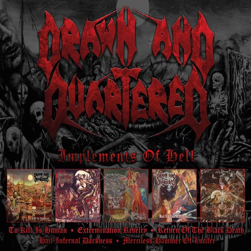 CD cover for Drawn And Quartered’s “Implements Of Hell” with dark, gothic imagery.
