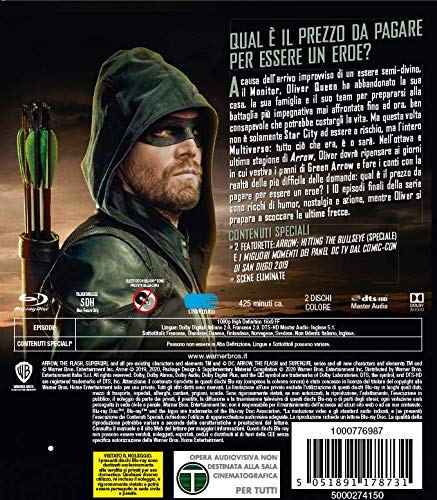 Back cover of Arrow season eight Blu-ray featuring Green Arrow and Italian text.