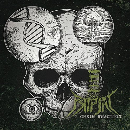 Skull with DNA strand, mushroom cloud, and eye imagery; album cover art.