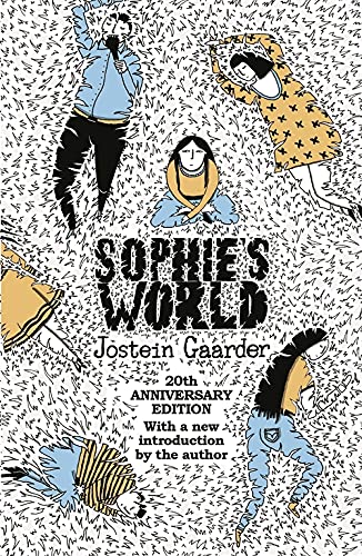 Book cover illustration with people lying in grass, title Sophie's World by Jostein Gaarder.