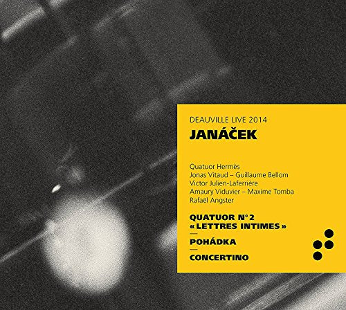 CD cover for Janáček’s Quartet No. 2, featuring yellow text on black.