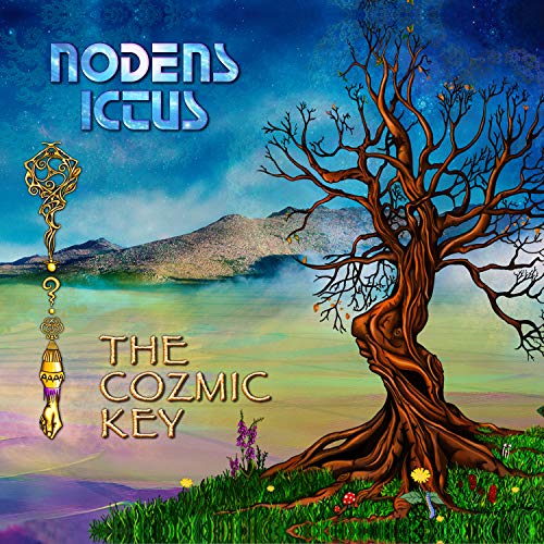 Surreal landscape with a bare tree, a golden key symbol, and blue starry sky.
