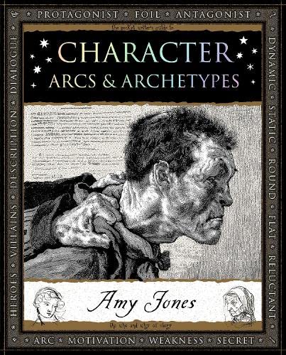 Wooden book with character arcs and archetypes illustrations and text on its cover.