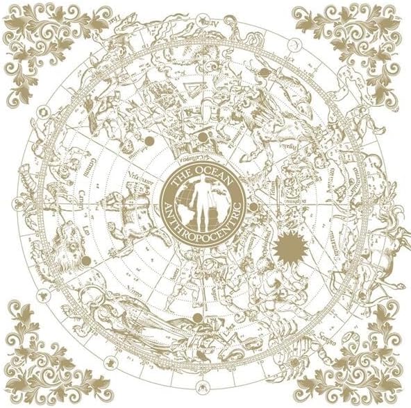Gold celestial map with zodiac signs and central human figure on a white background.
