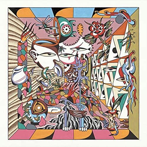 Colorful, surreal album cover with faces, flowers, and abstract shapes.