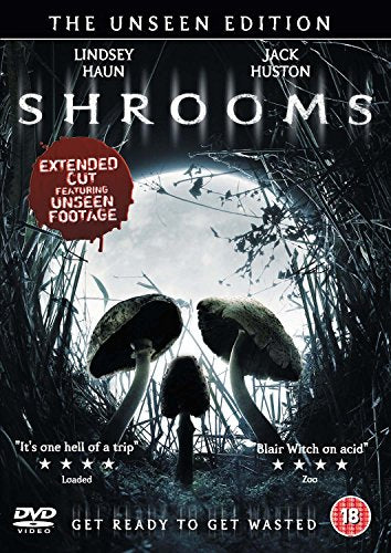 Dark DVD cover with two people amidst large mushrooms in a desolate outdoor setting.