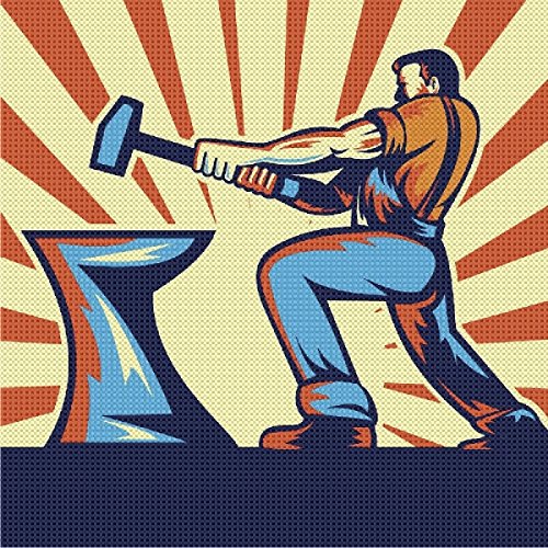 Muscular man with hammer striking anvil, retro propaganda style illustration.