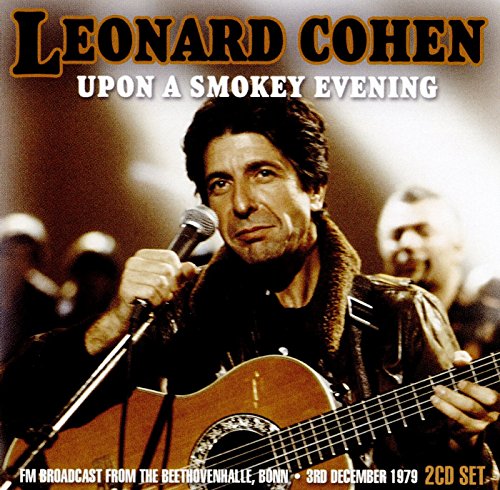 Leonard Cohen portrait with guitar, album cover for “Upon A Smokey Evening.”