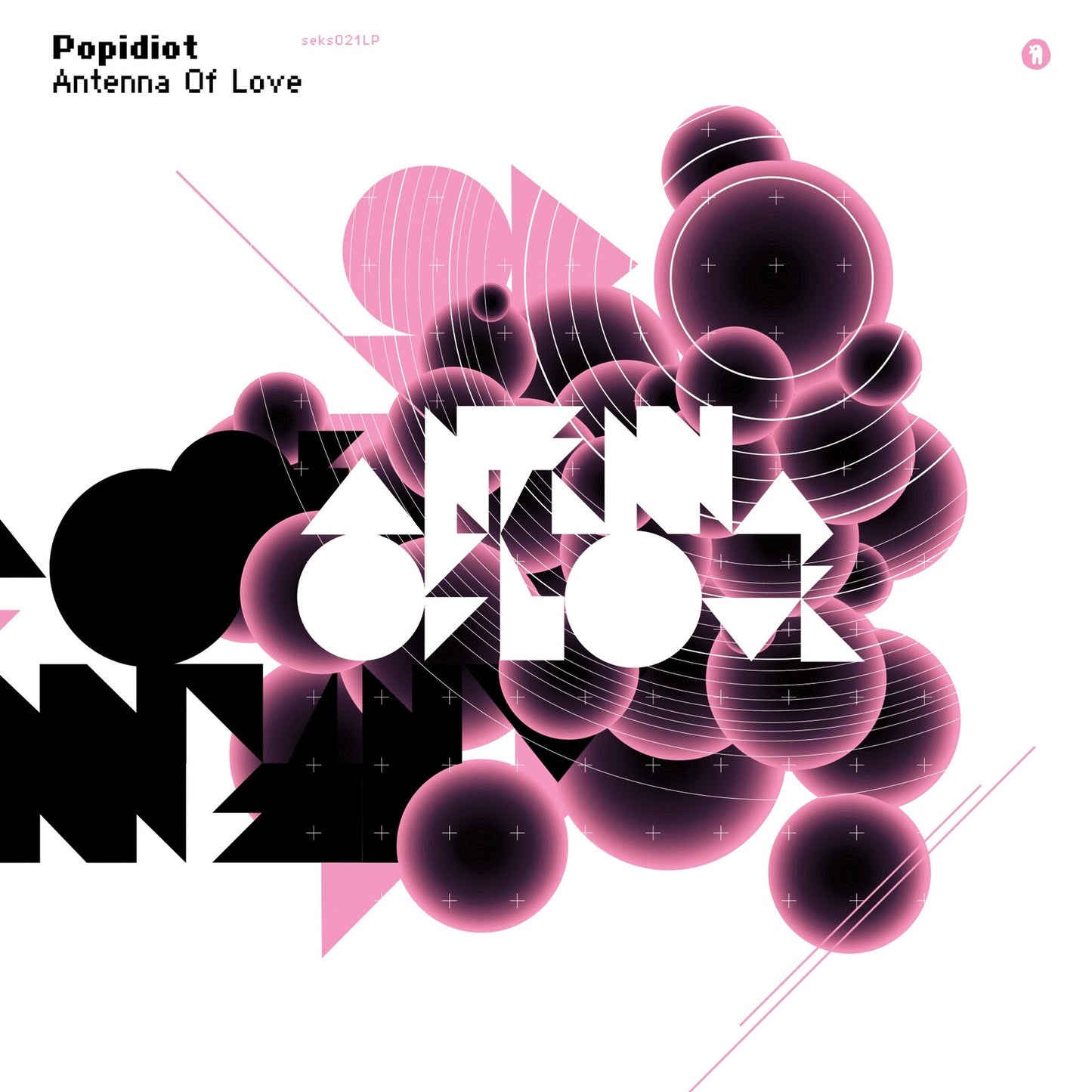 Popidiot "Antenna Of Love" vinyl record cover, abstract pink and black design.