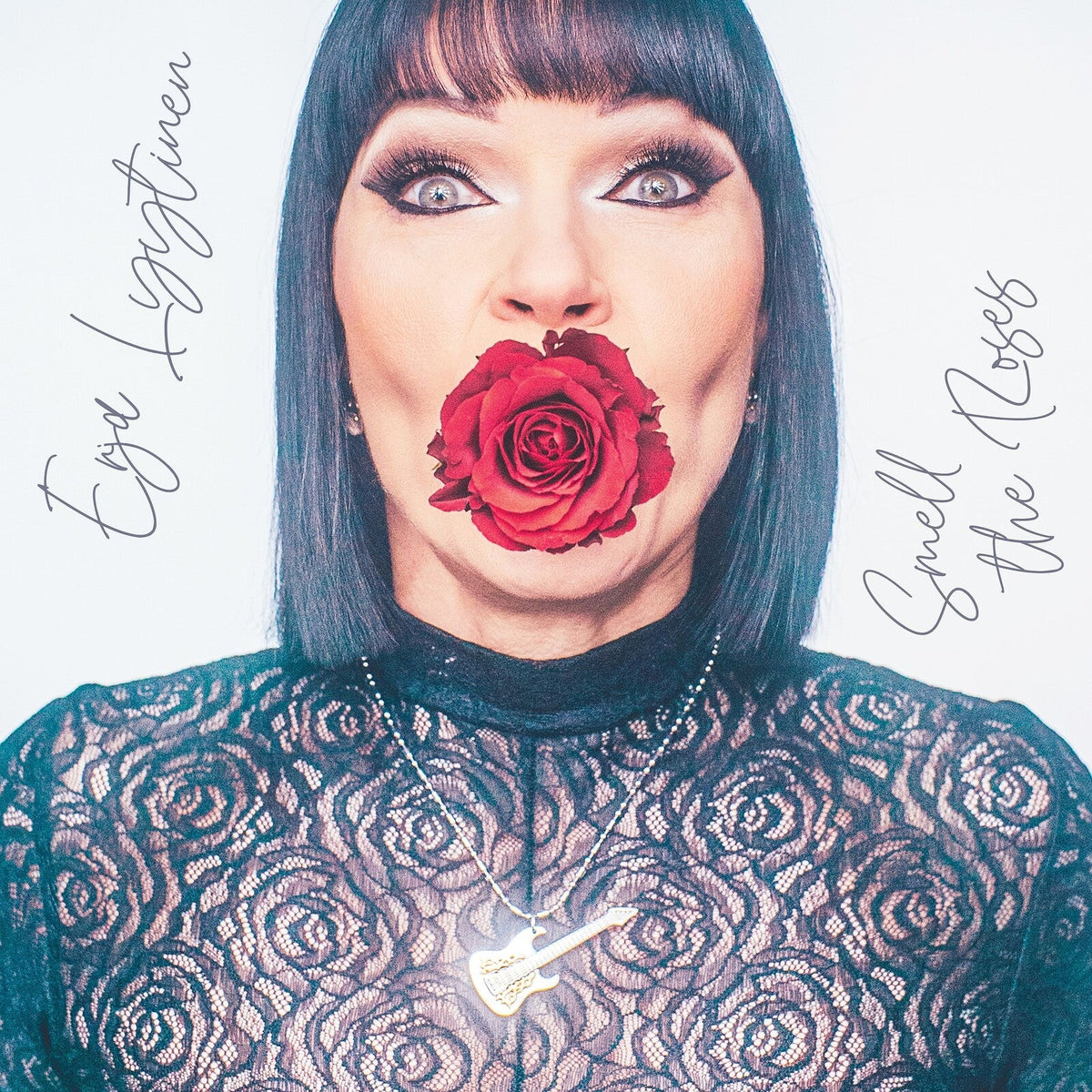 Woman with a red rose covering her mouth, album cover.