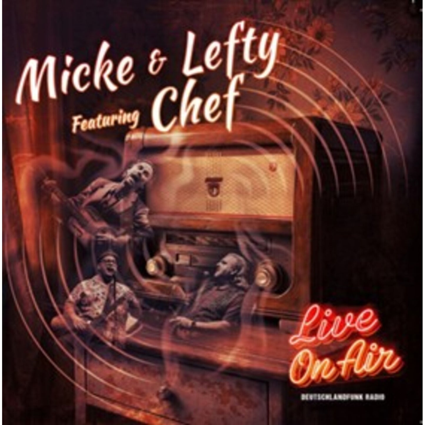 Vinyl record cover with musicians performing around a vintage radio.
