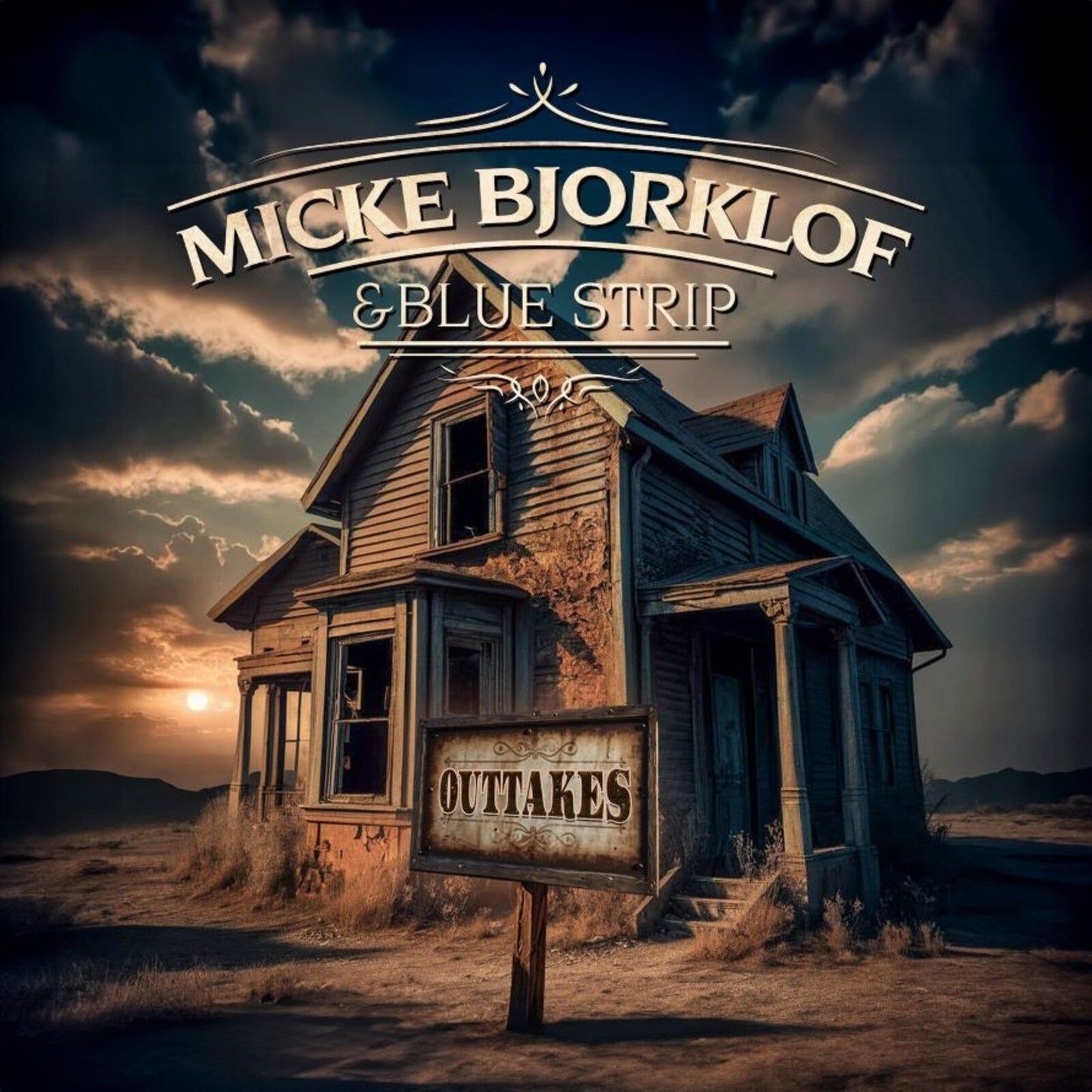 Album cover for Micke Bjorklof & Blue Strip, featuring a weathered house.