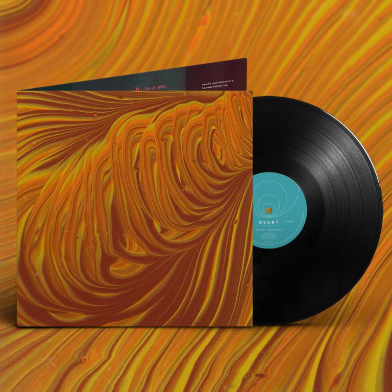 Vinyl record and cover with swirling orange and yellow abstract art.