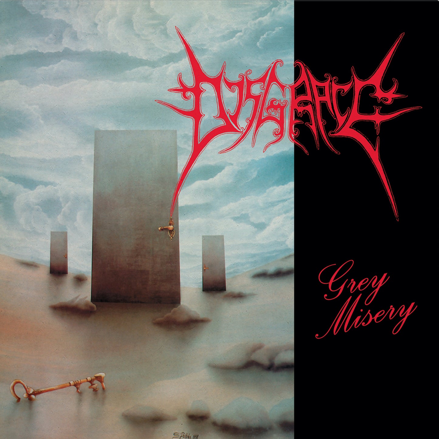 CD cover for "Disgrace - Grey Misery" with surreal, grey landscape.