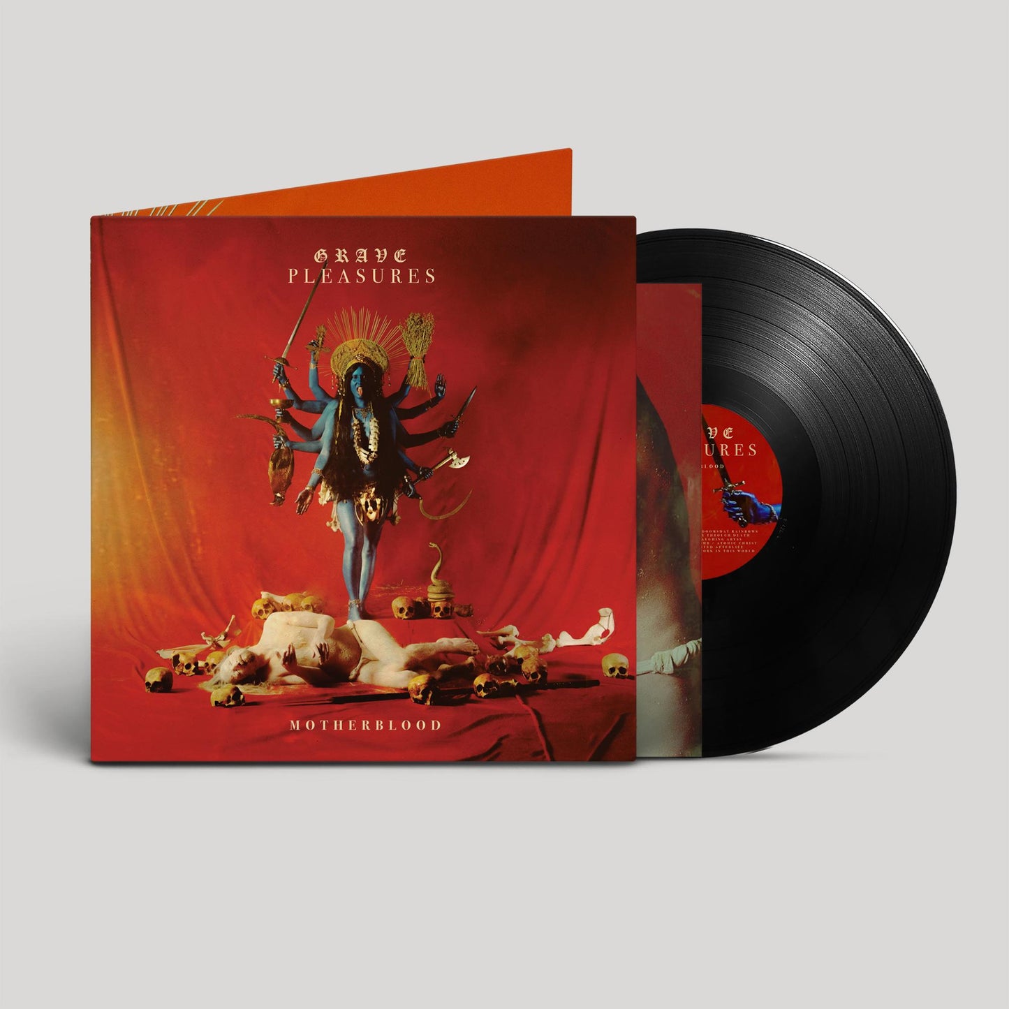 Vinyl record of Grave Pleasures’ “Motherblood” with red cover art.
