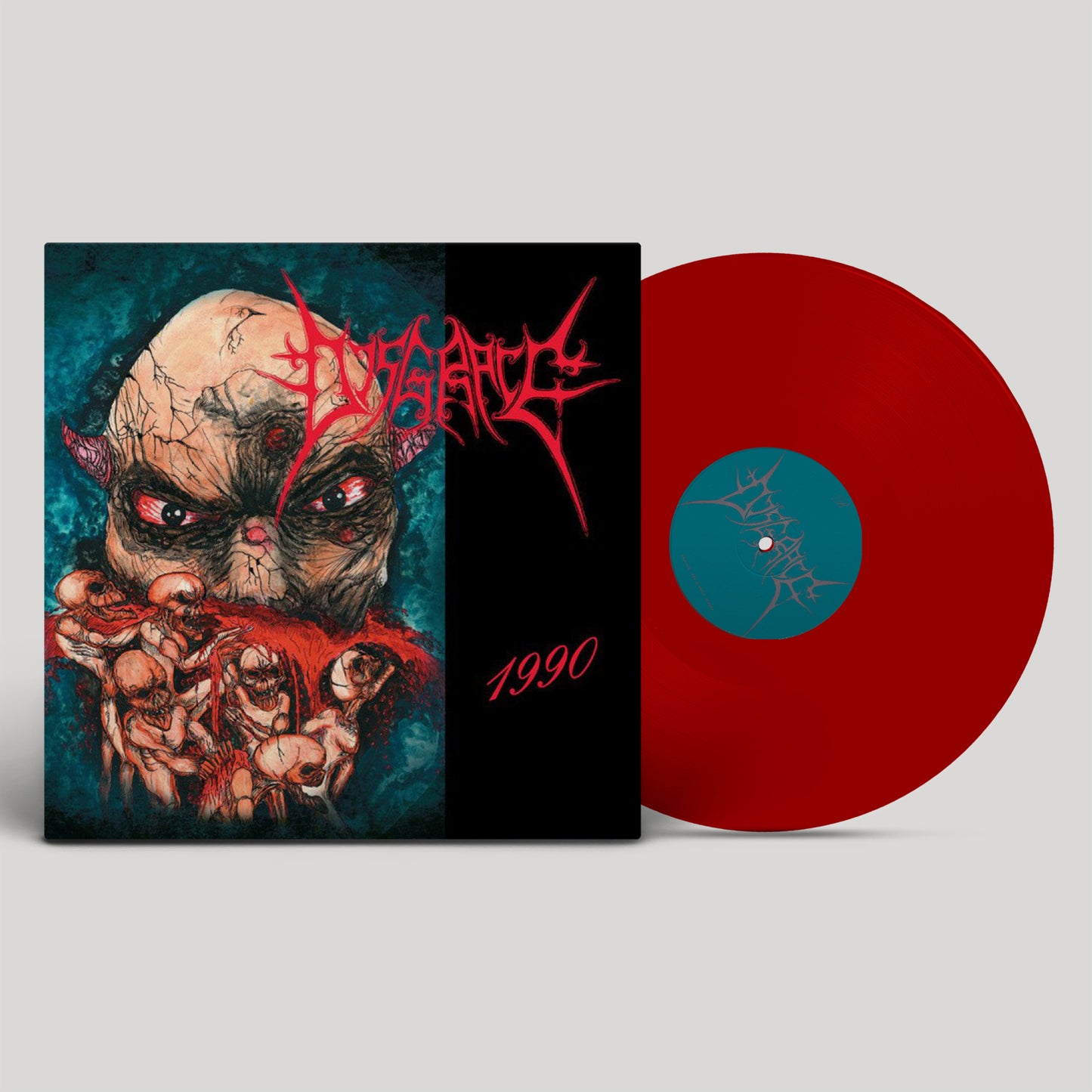 Disgrace" vinyl record: album cover with grotesque face and red disc.