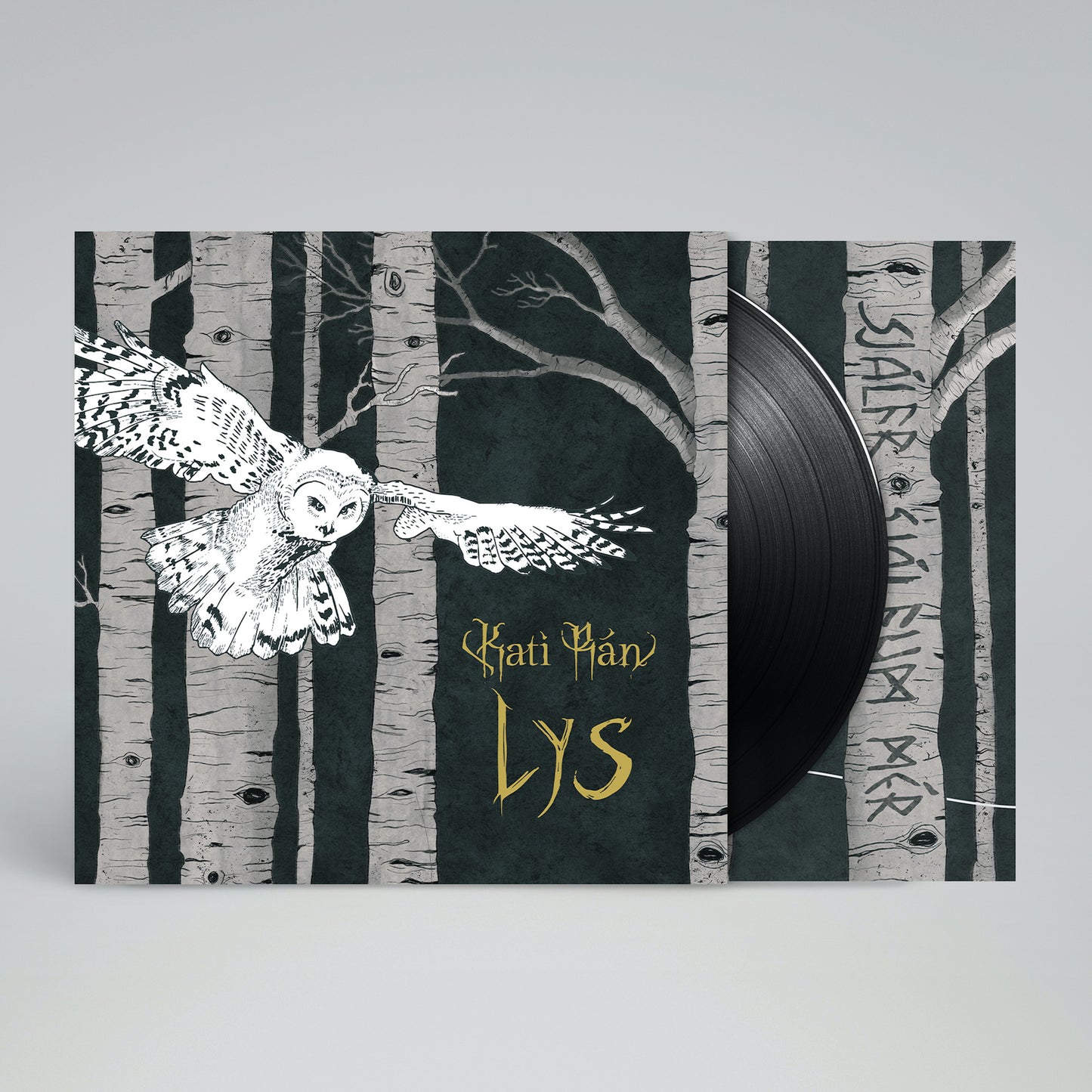 Vinyl record with artwork of owls among birch trees.