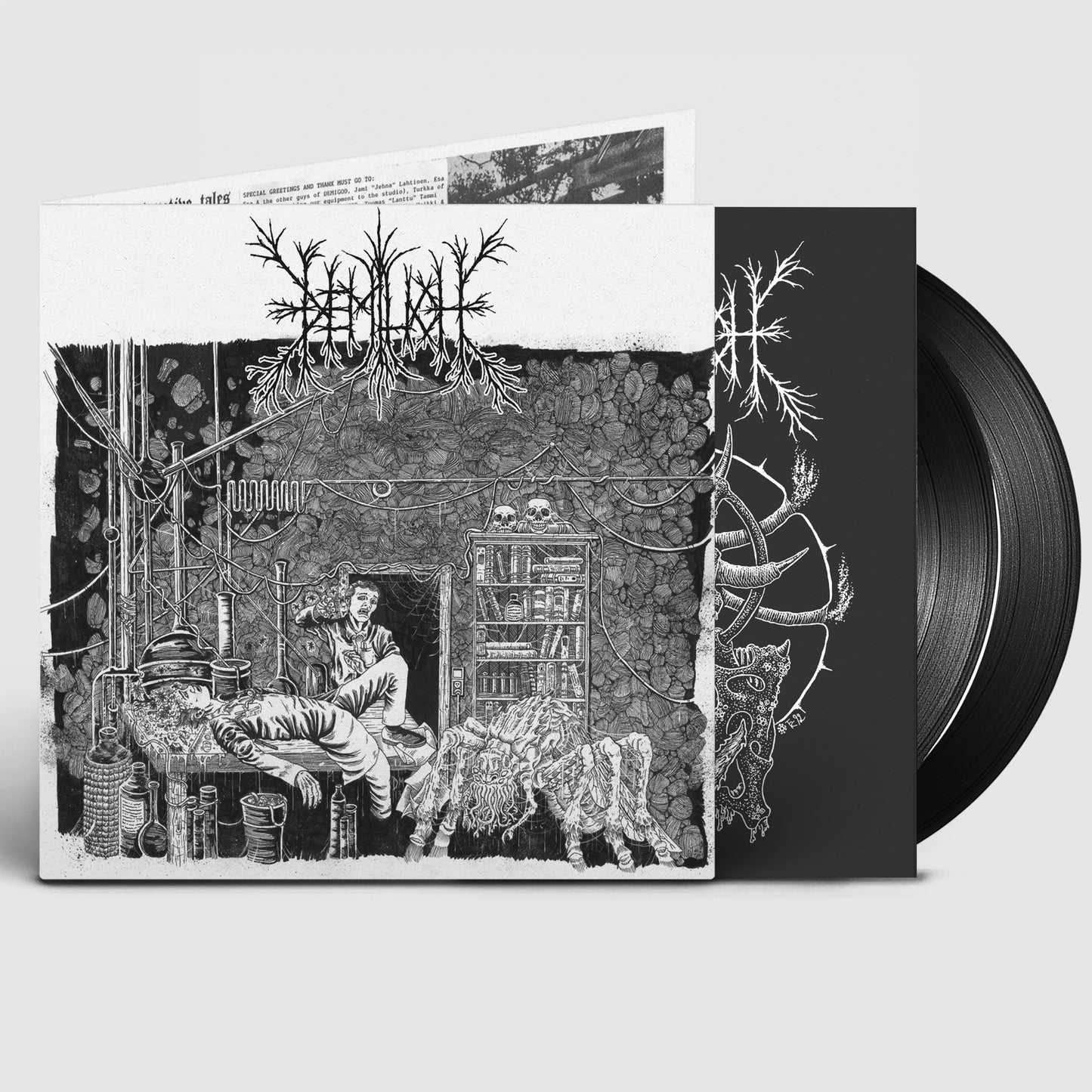 Vinyl record with detailed black and white illustration of a surreal scene.