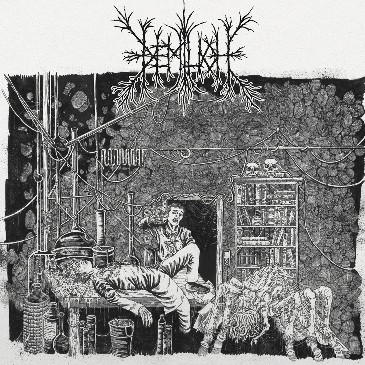 Intricate black and white illustration of a figure in a cluttered laboratory.