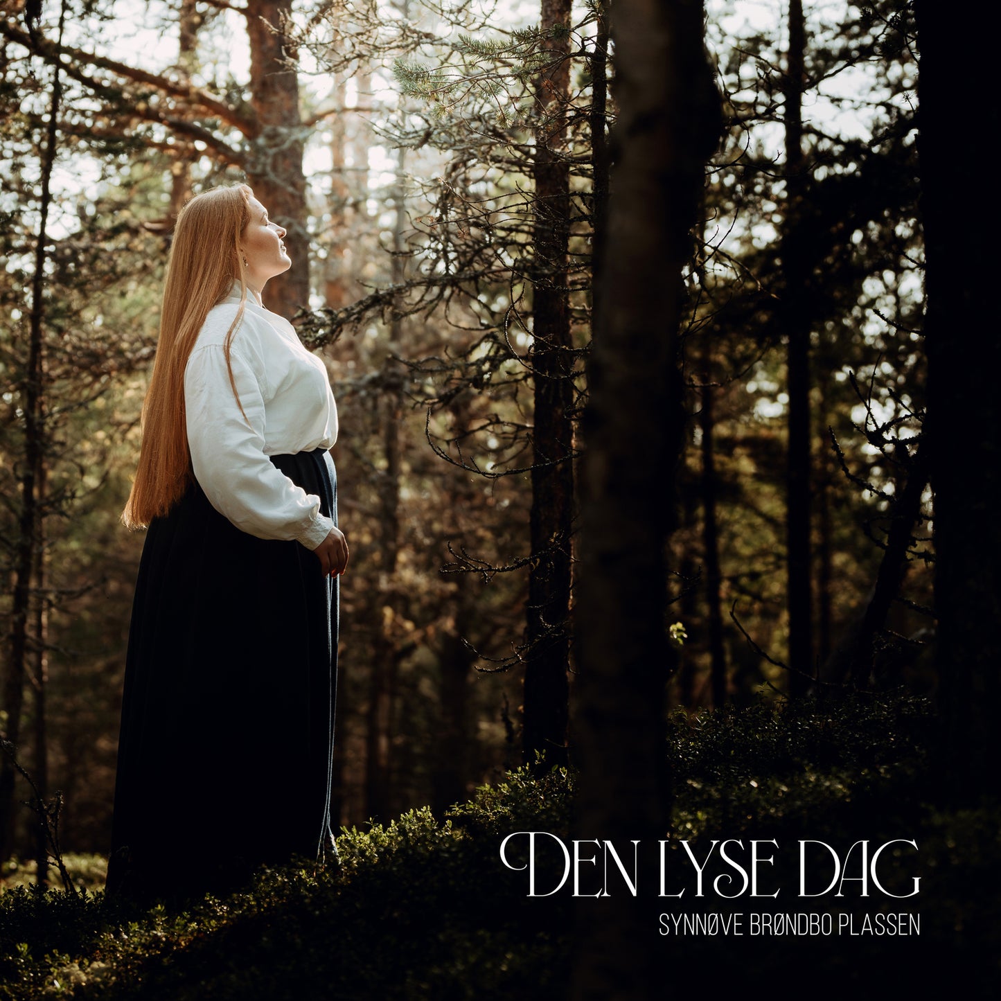 Woman with long hair in a forest, album cover for "Den Lyse Dag".