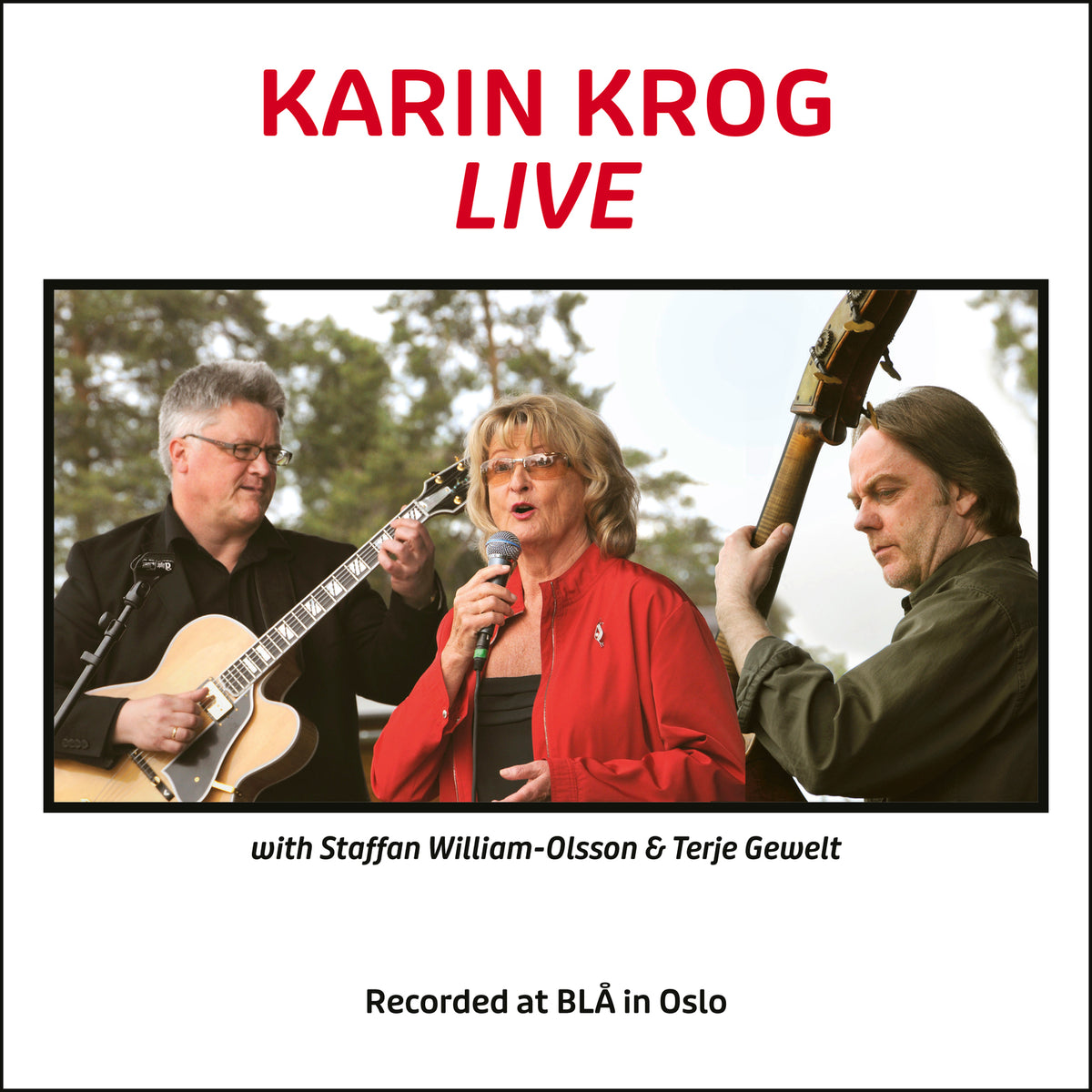 Karin Krog and musicians performing live with guitars and a microphone.