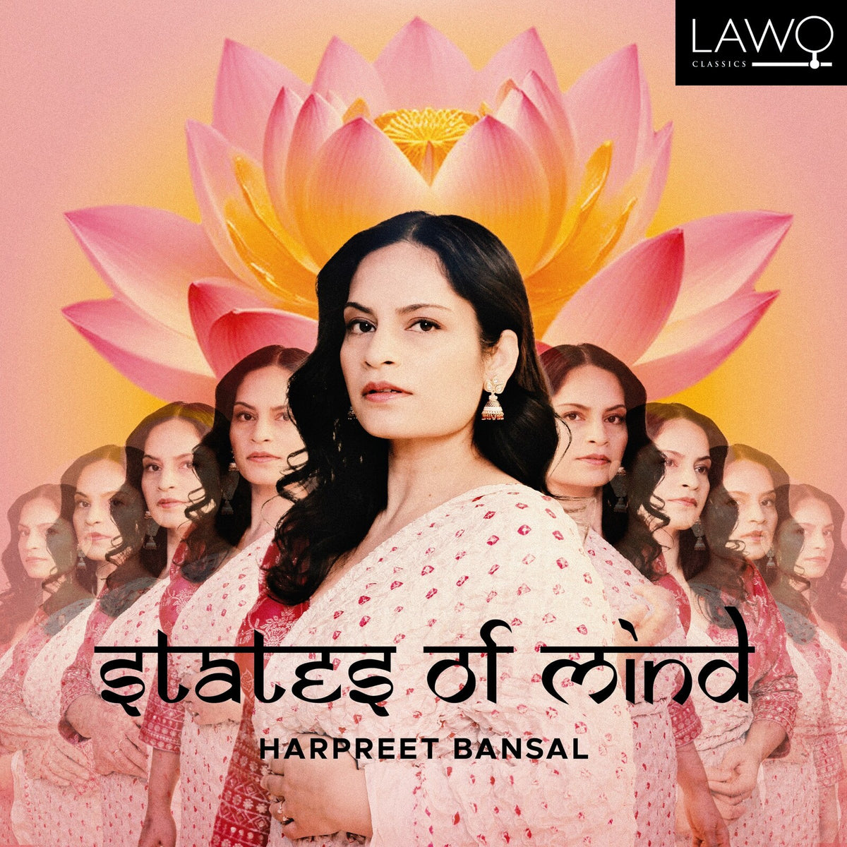 CD cover: woman with multiple reflections, pink lotus background.