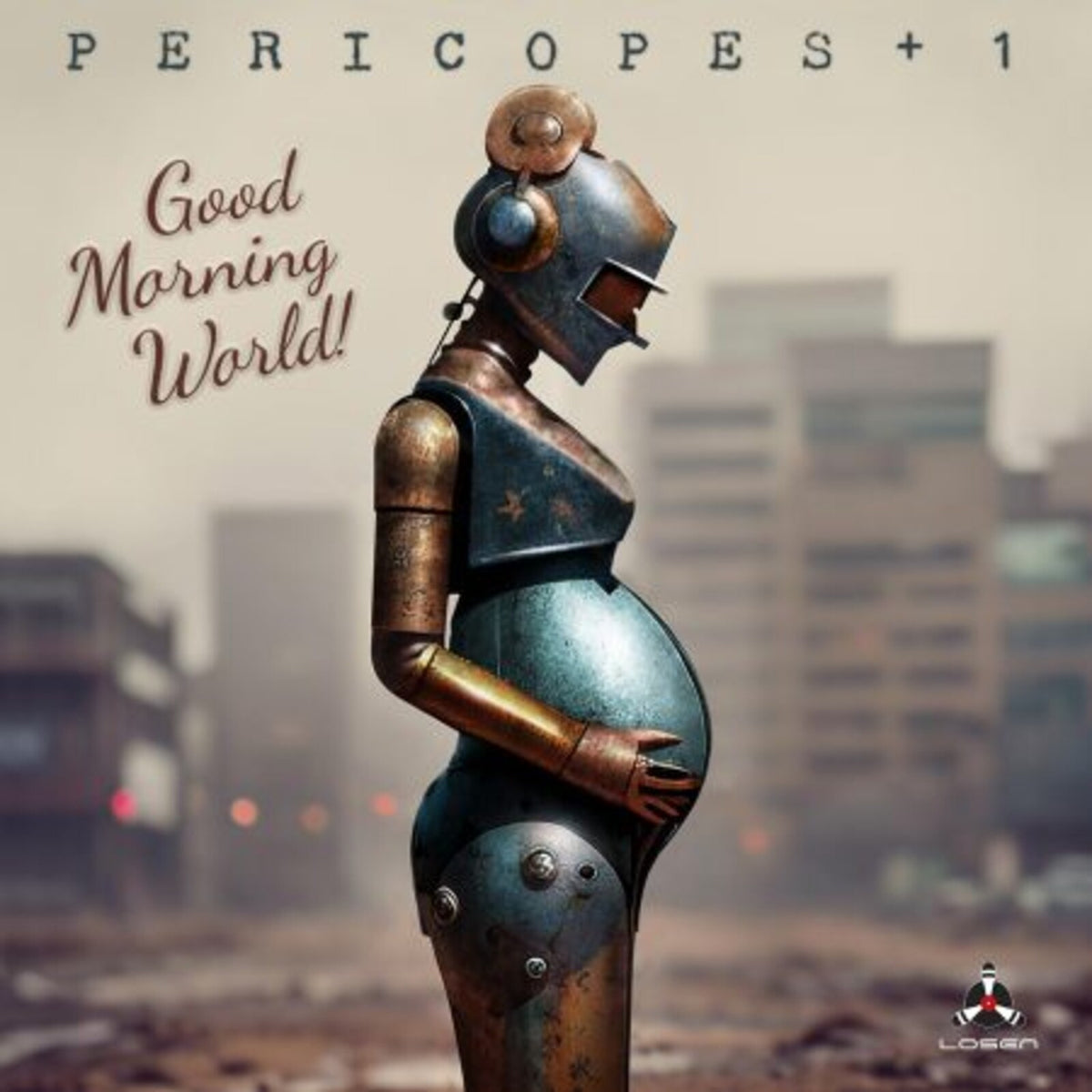 Robot with a pregnant belly stands before a ruined cityscape.