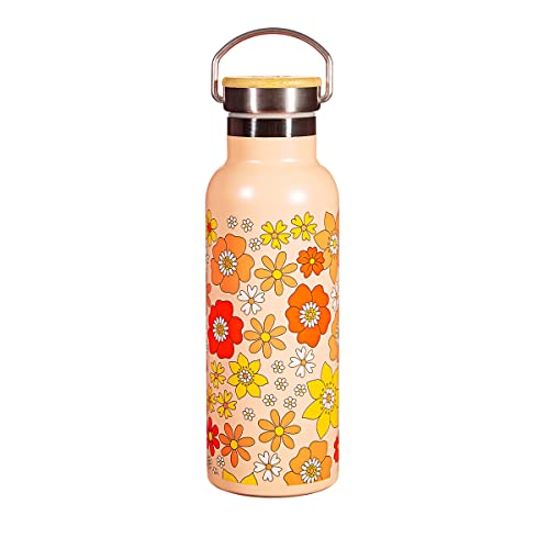Peach water bottle with a repeating pattern of 1970s-style orange and yellow flowers.