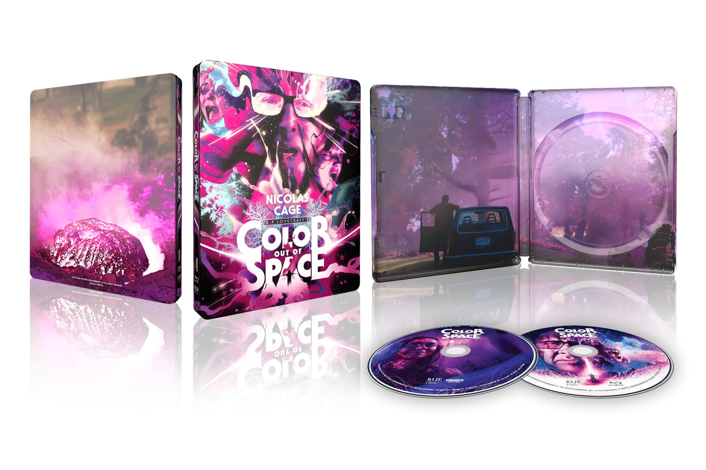 Color Out of Space" Blu-ray case with Nicolas Cage, two discs, and colorful artwork.