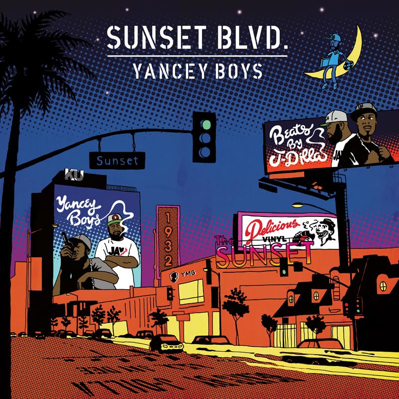 CD cover for Yancey Boys' "Sunset Blvd," illustrated cityscape at dusk.
