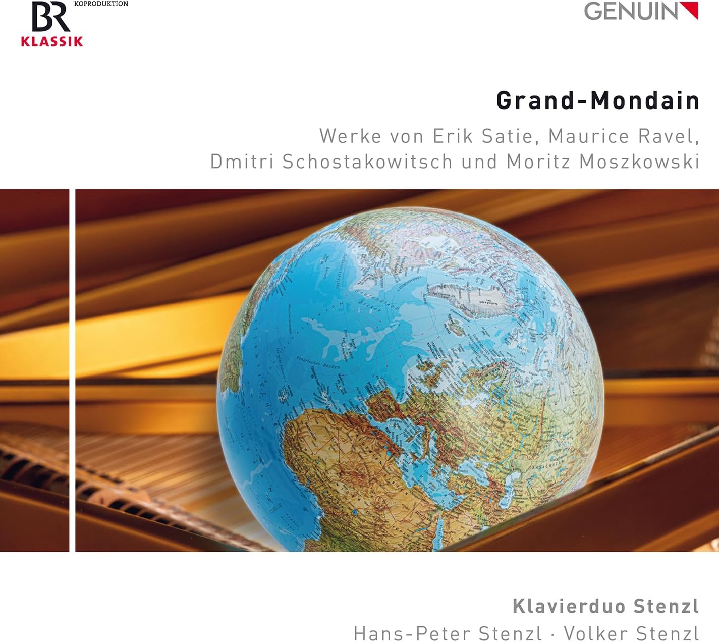 CD cover: a world globe with text "Grand-Mondain" and pianist names.