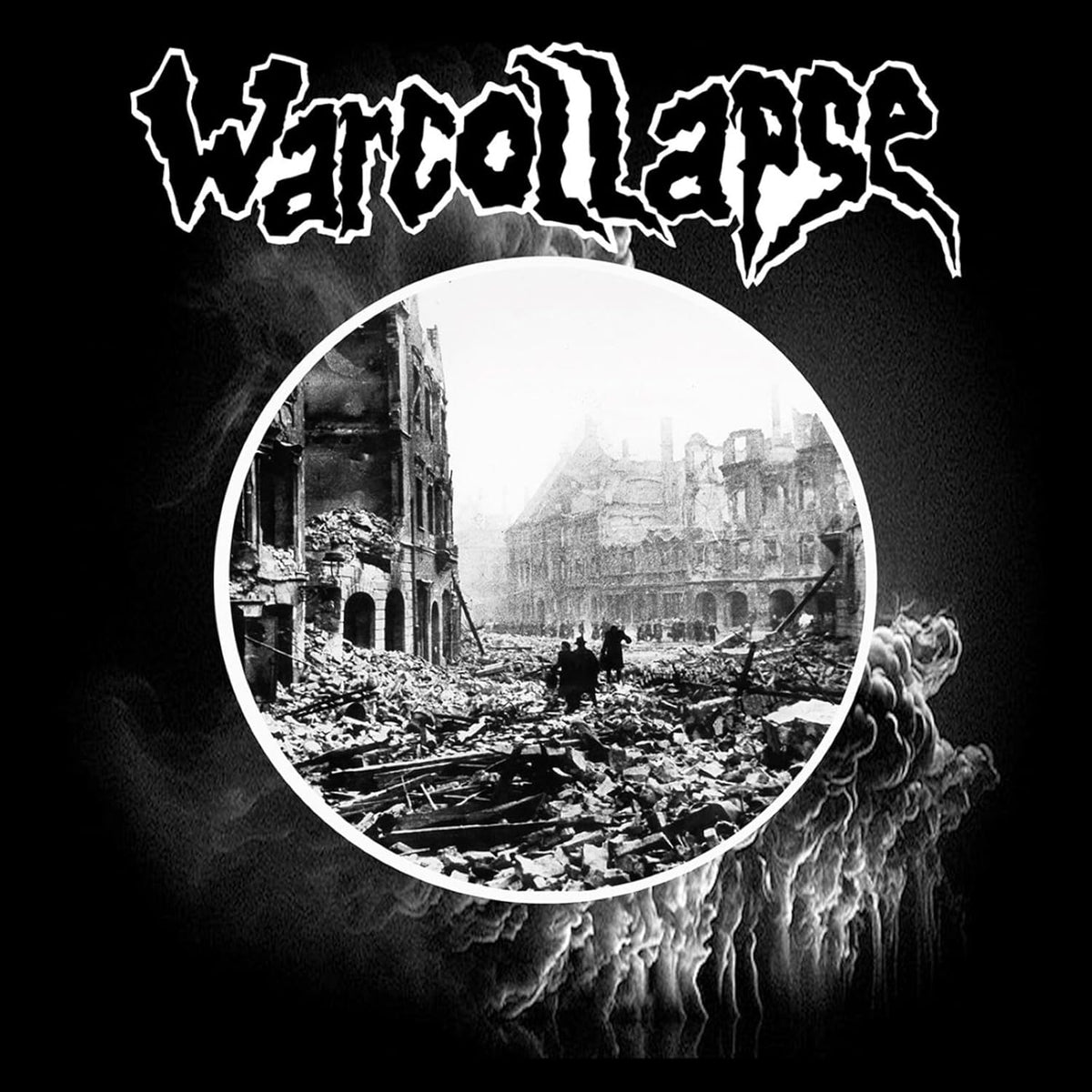 Black and white album cover depicting war-torn city ruins and band logo.