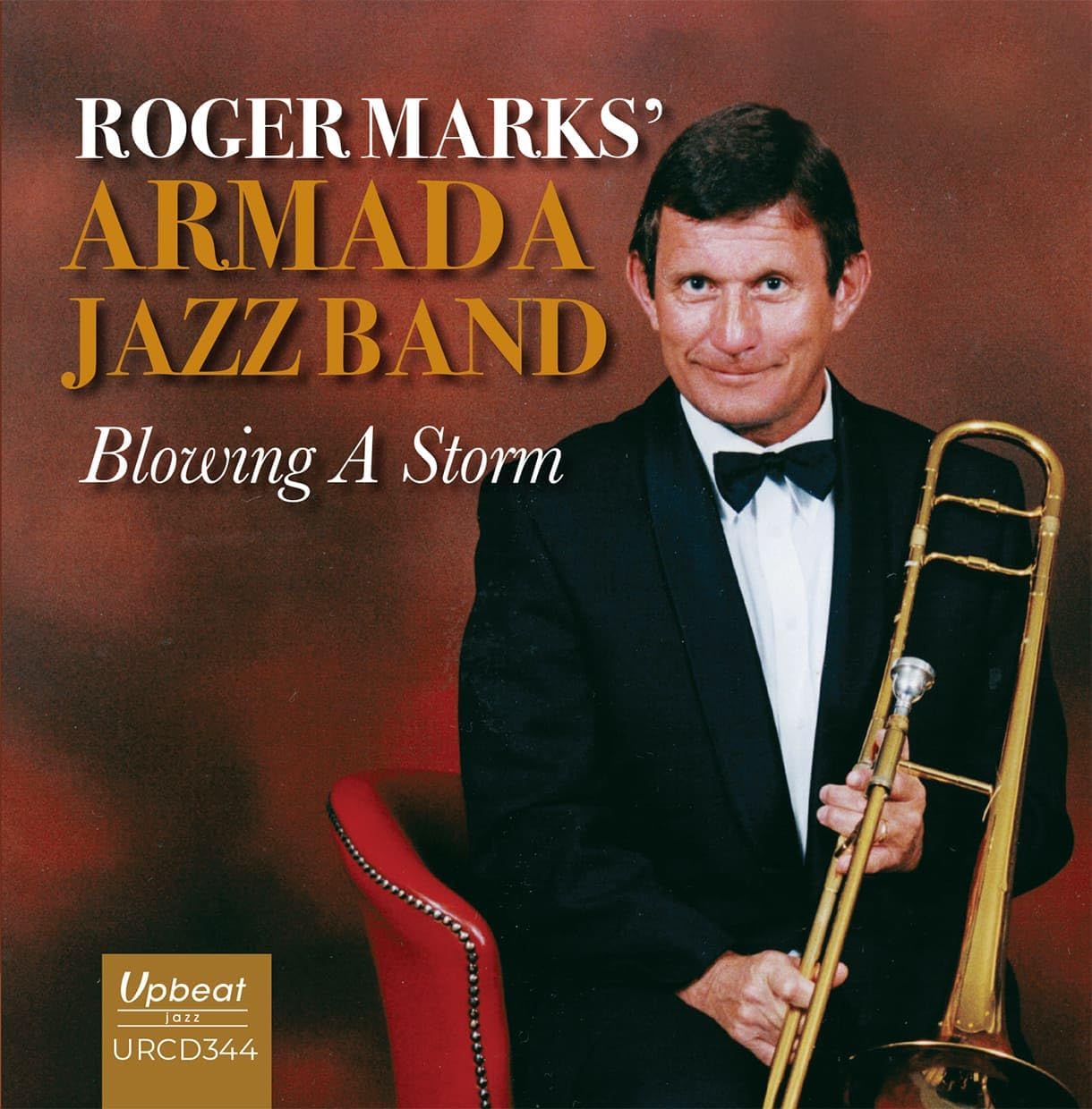 CD cover featuring a man with a trombone, red background.