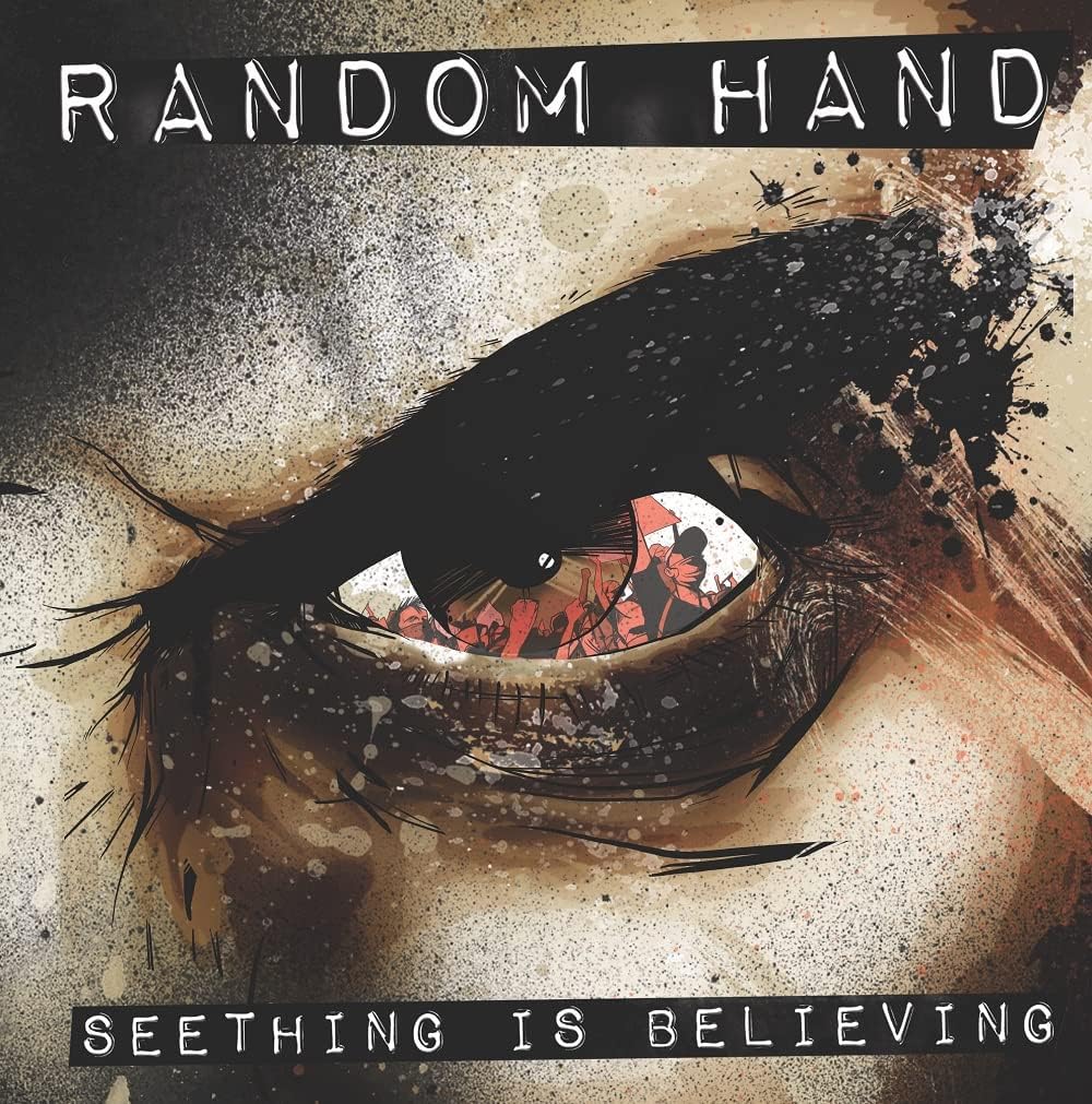 Close-up of an eye reflecting figures, with album title text above and below.