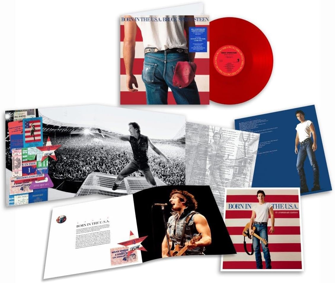 Bruce Springsteen Born in the U.S.A. 40th anniversary red vinyl album and photo inserts.