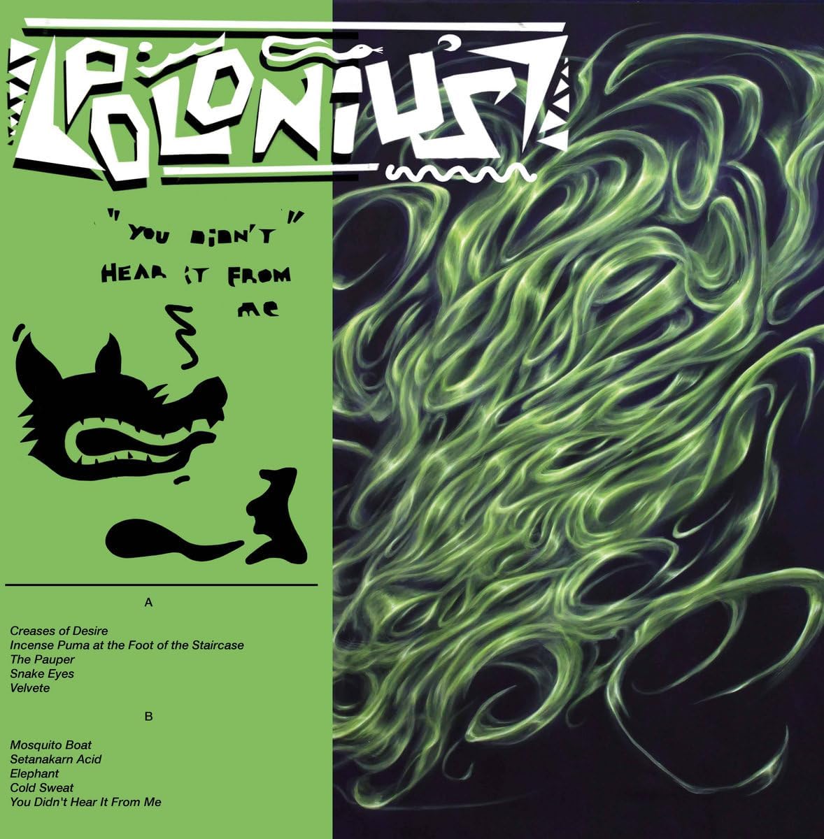 Polonius album cover: black background with white text and a wolf illustration.
