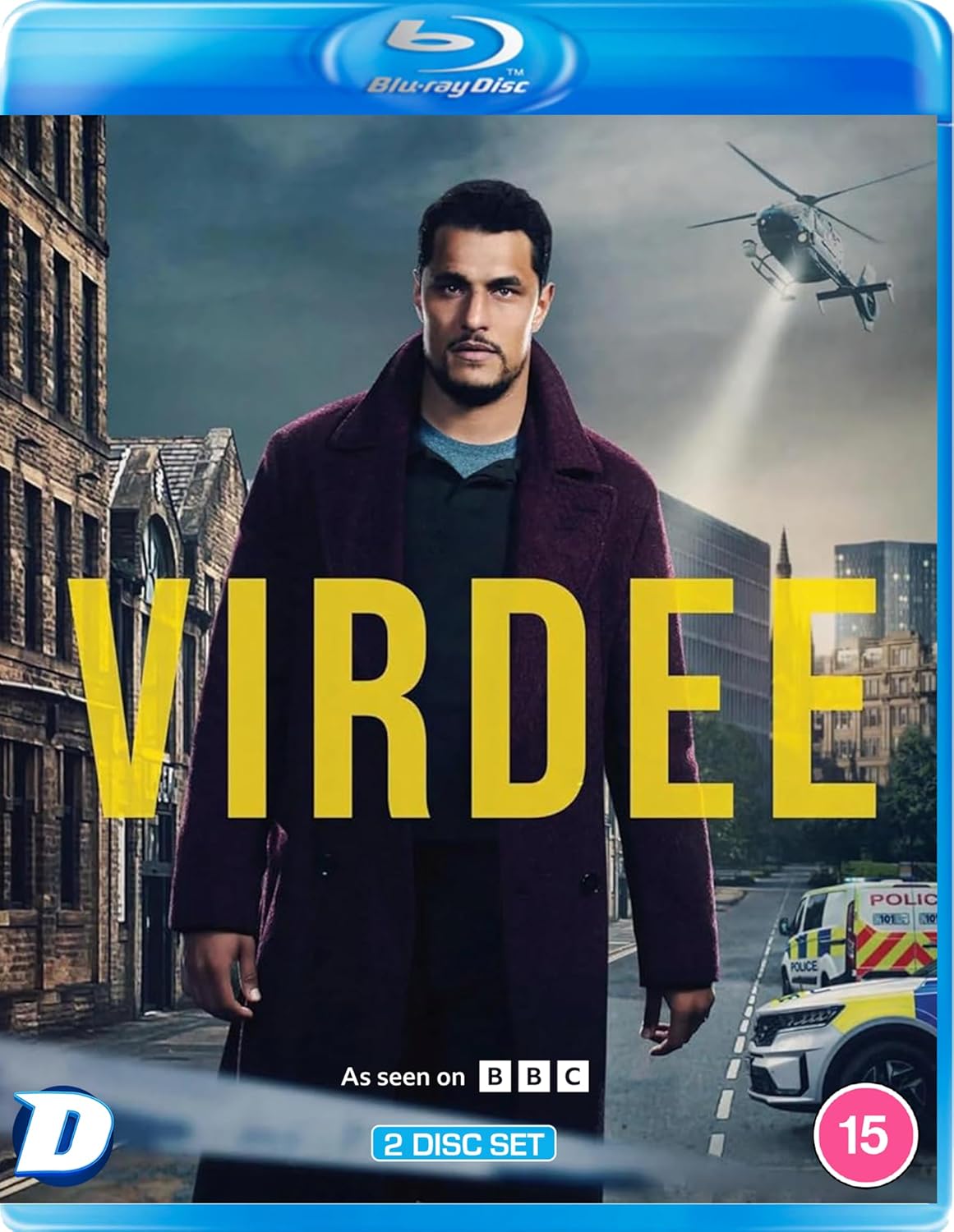 Virdee" Blu-ray cover featuring a man in a coat, city background, and police vehicles.