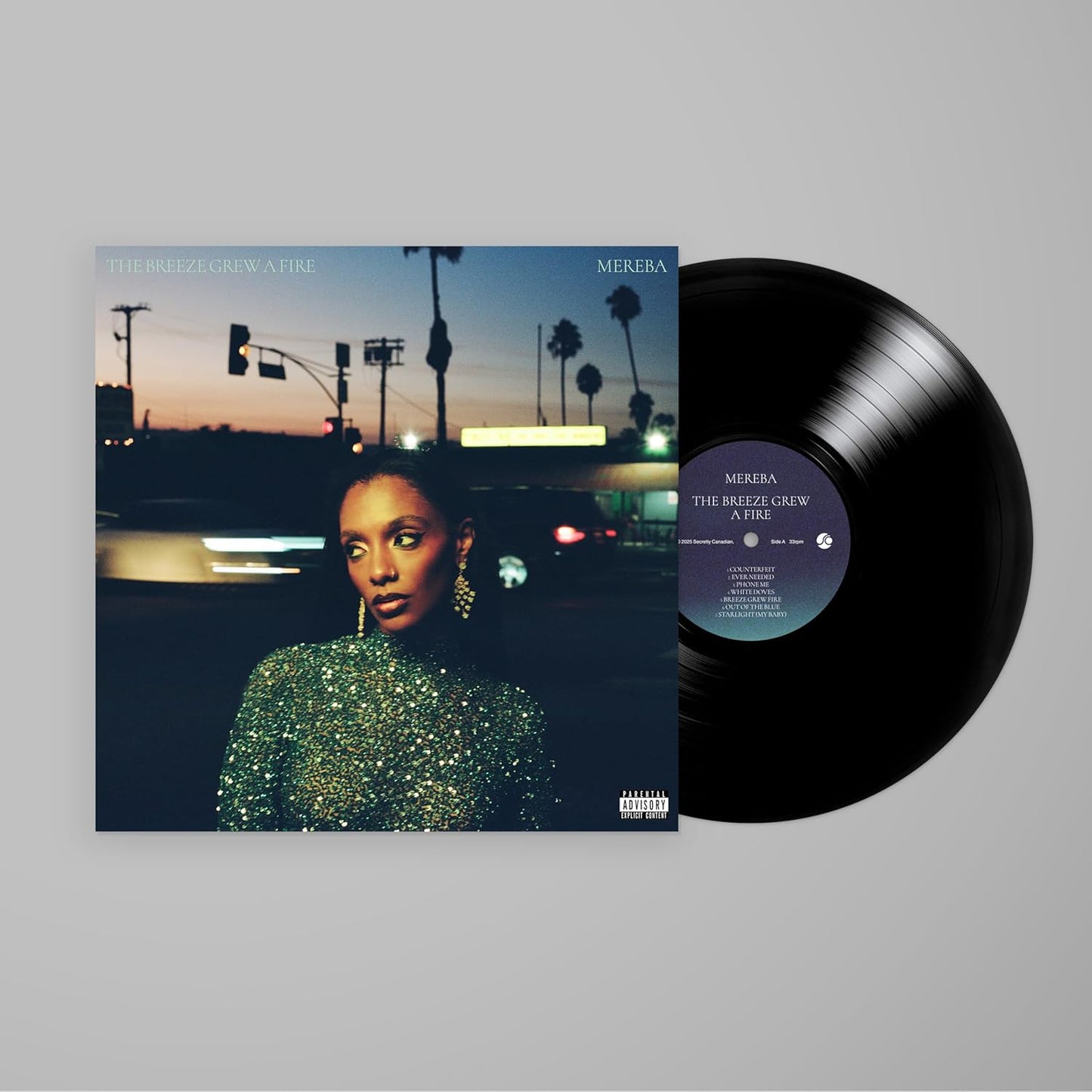 Vinyl record of Mereba’s “The Breeze Grew A Fire” with album artwork.