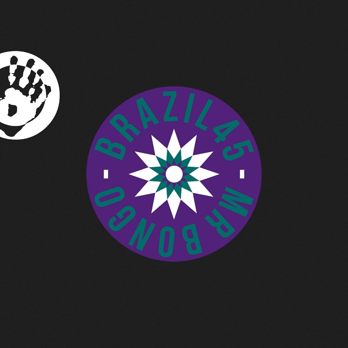 Black background with purple and white circular design and handprint.
