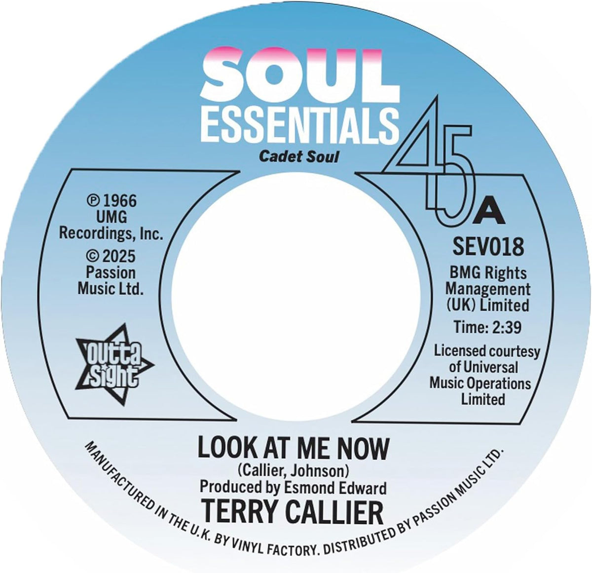 Red and blue 45 RPM record label for Terry Callier’s “Look At Me Now.”