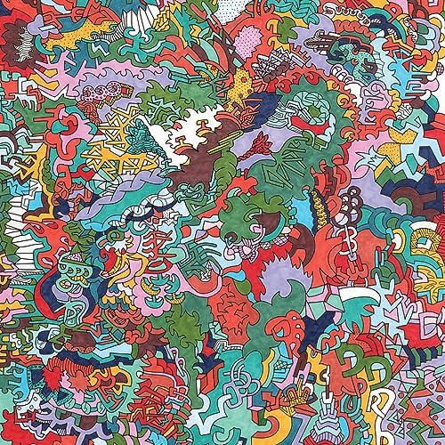 Abstract artwork featuring a dense, colorful pattern of interlocking organic shapes and geometric lines.