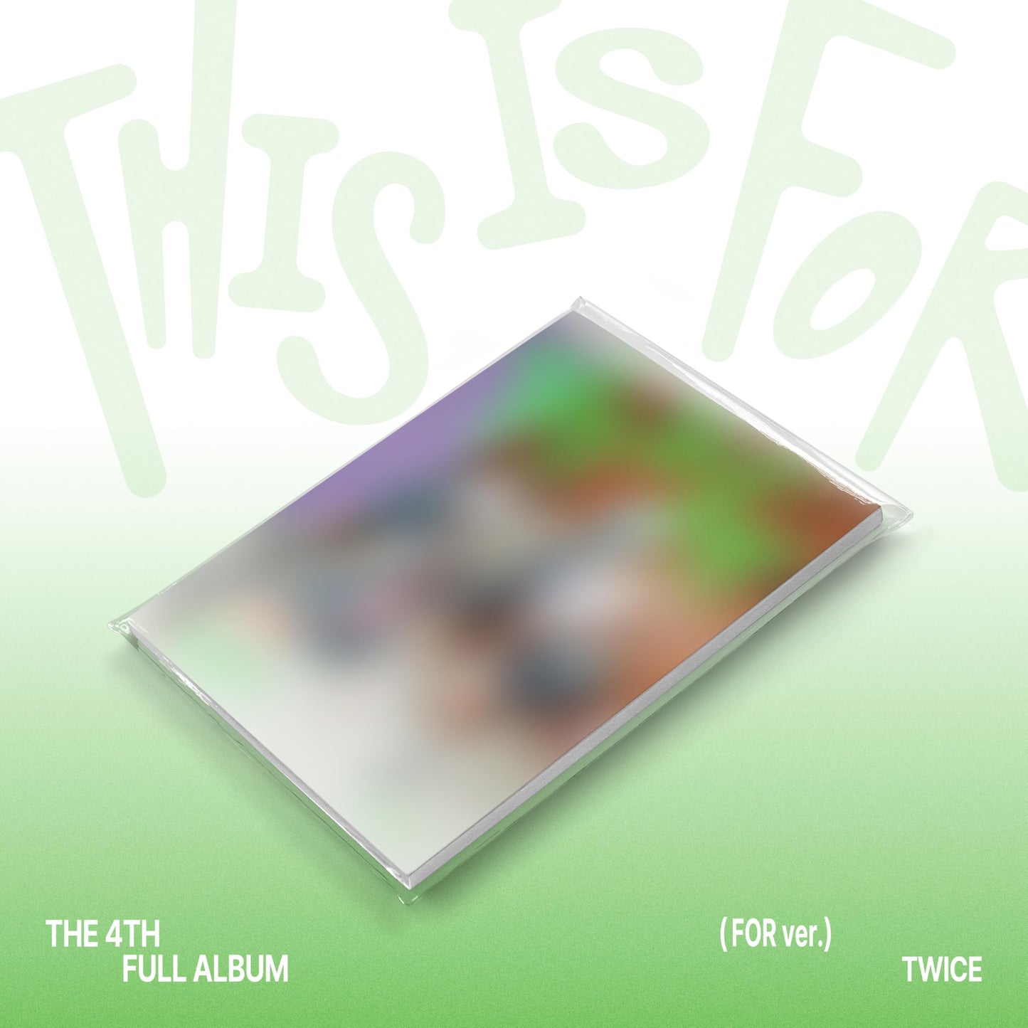 TWICE album "THIS IS FOR" in a clear plastic case, green background.