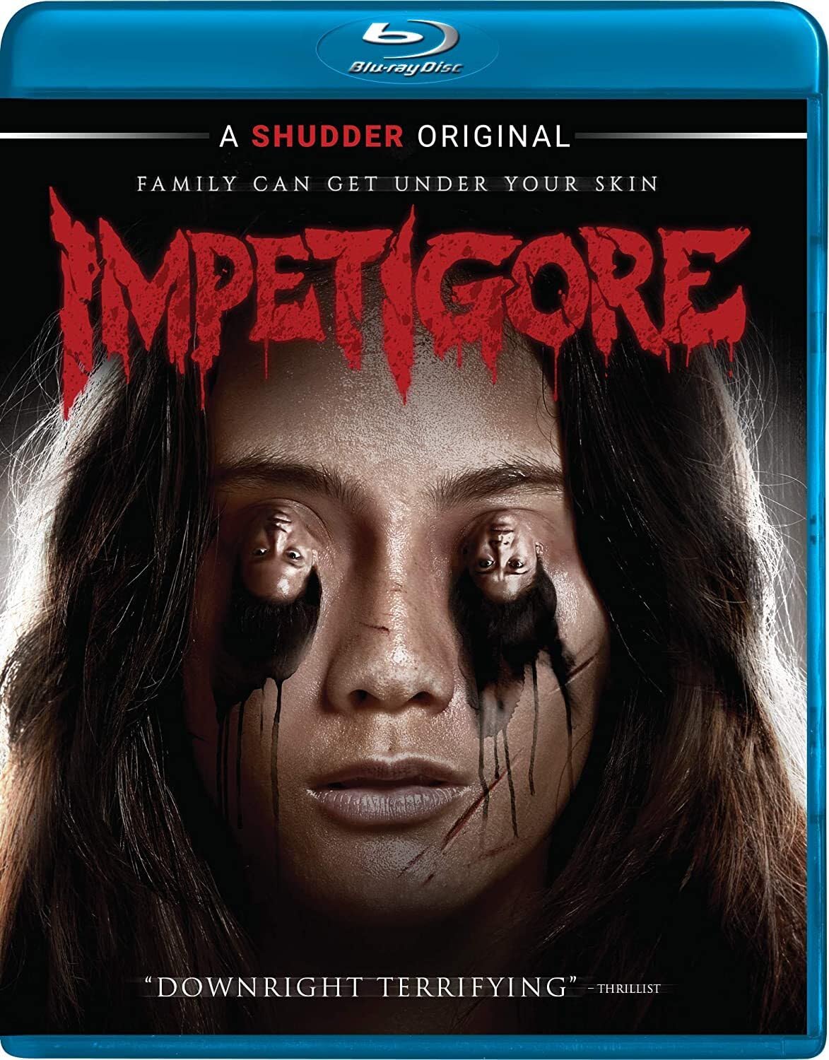 Impetigore" Blu-ray cover featuring a distressed woman’s face with blood.