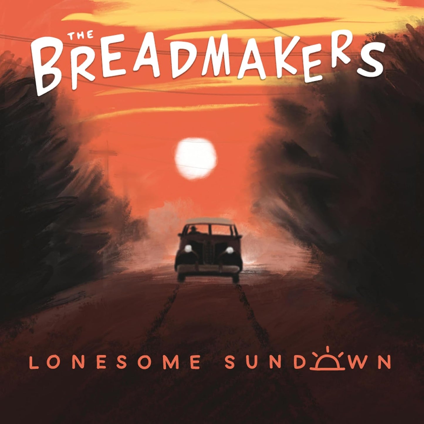 Vinyl album cover: “The Breadmakers - Lonesome Sundown” with a car at sunset.