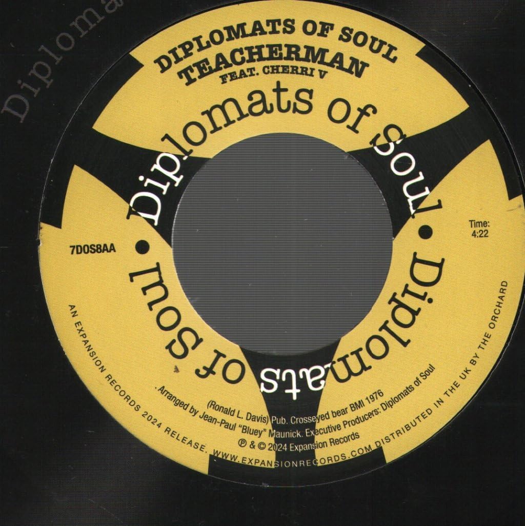 Yellow vinyl record label with “Diplomats Of Soul” and “Teacherman” text.