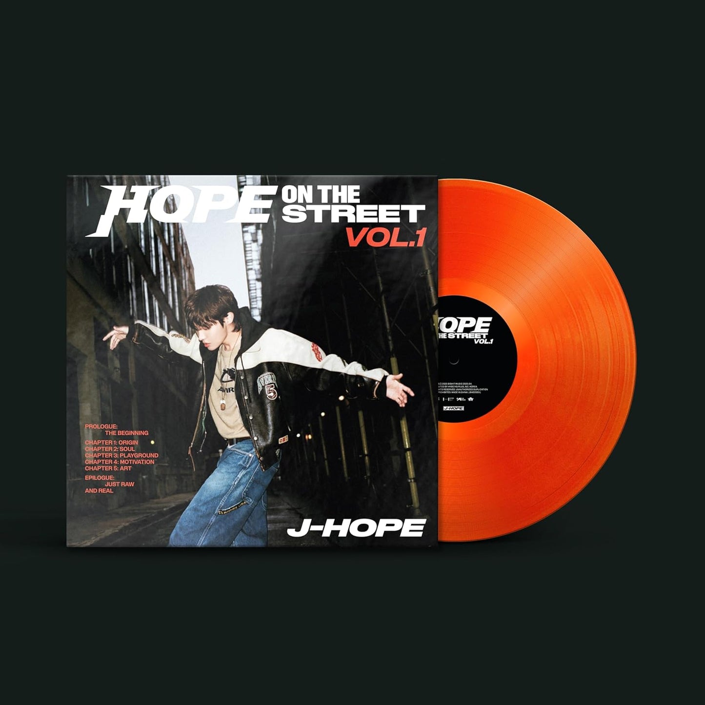 Vinyl record andHP and orange disc for j-hope's Hope on the Street Vol.1.