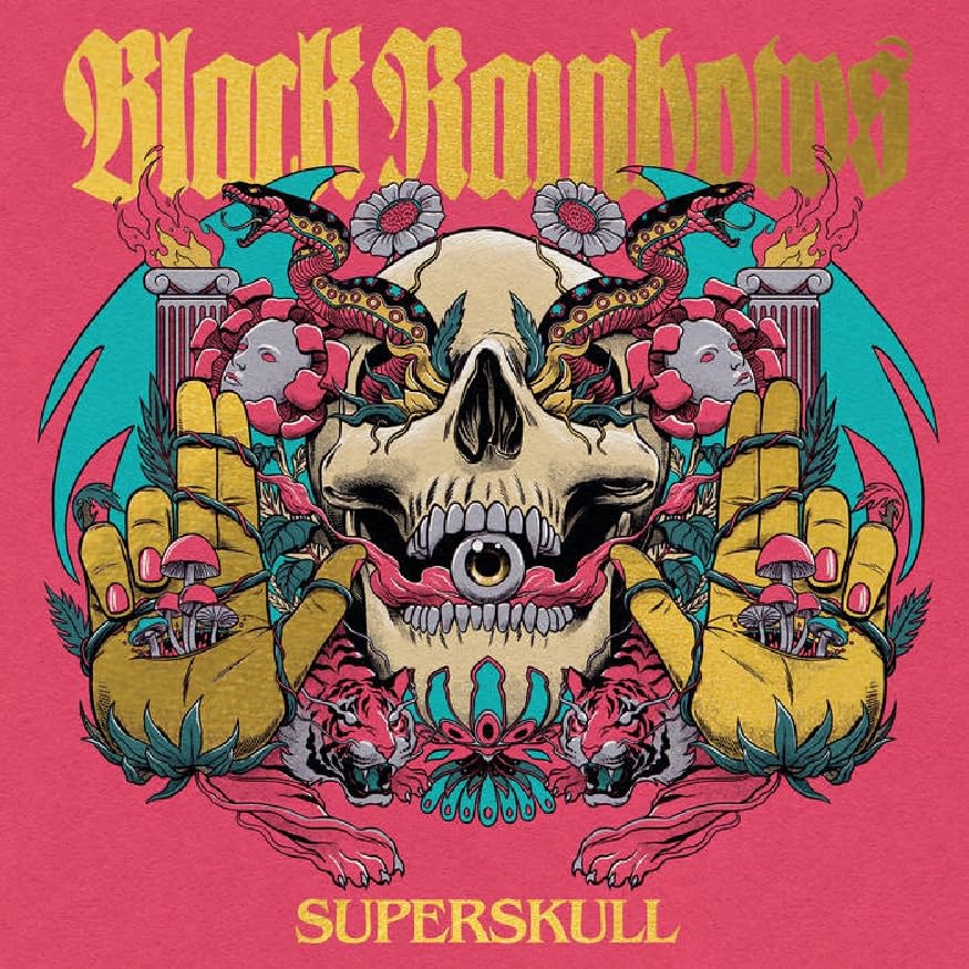 Superskull album cover: skull with snakes, flowers, and hands on pink.