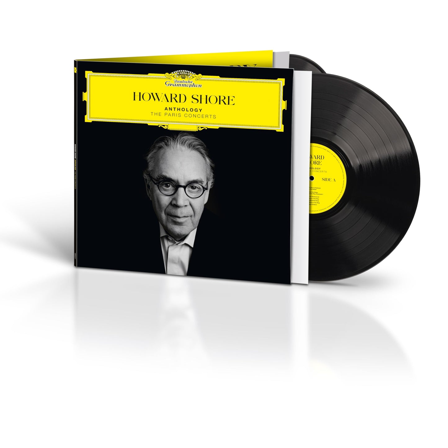 Howard Shore vinyl record featuring composer’s portrait and yellow album cover.