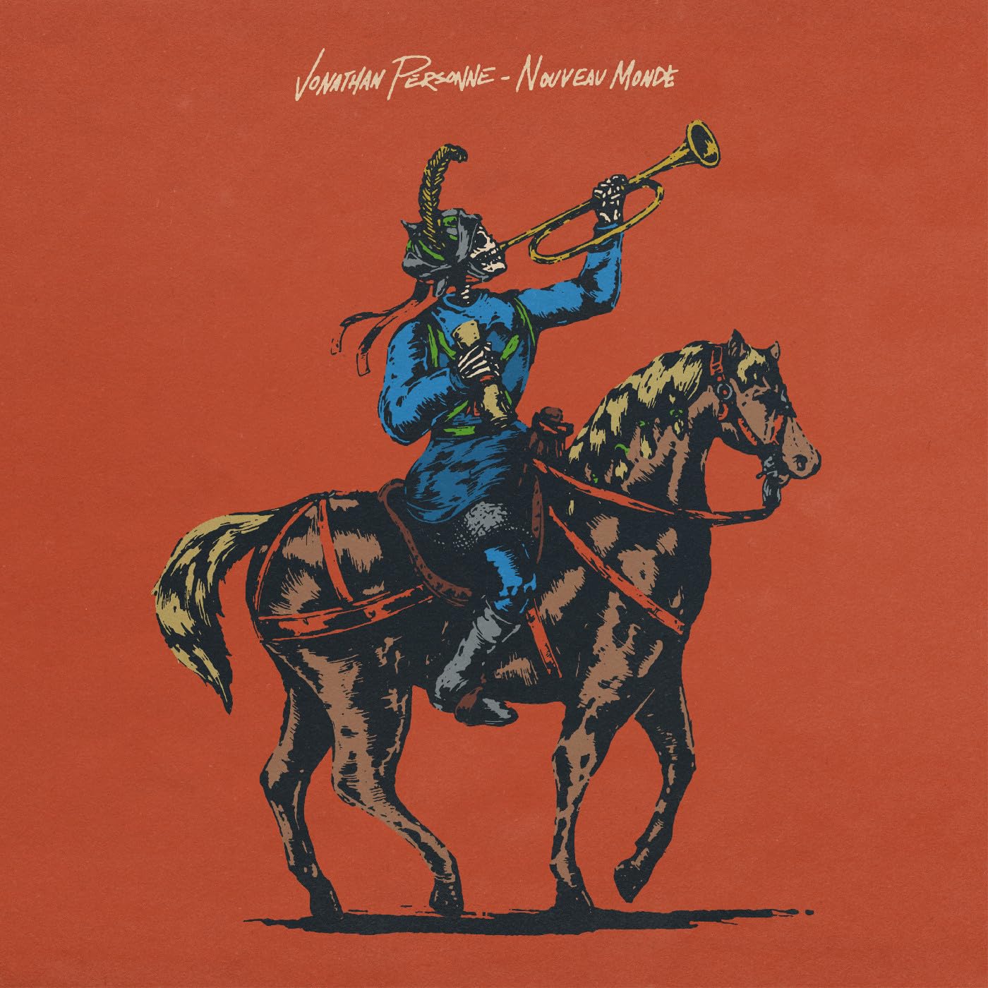 Red album cover depicting a rider on horseback playing a trumpet.